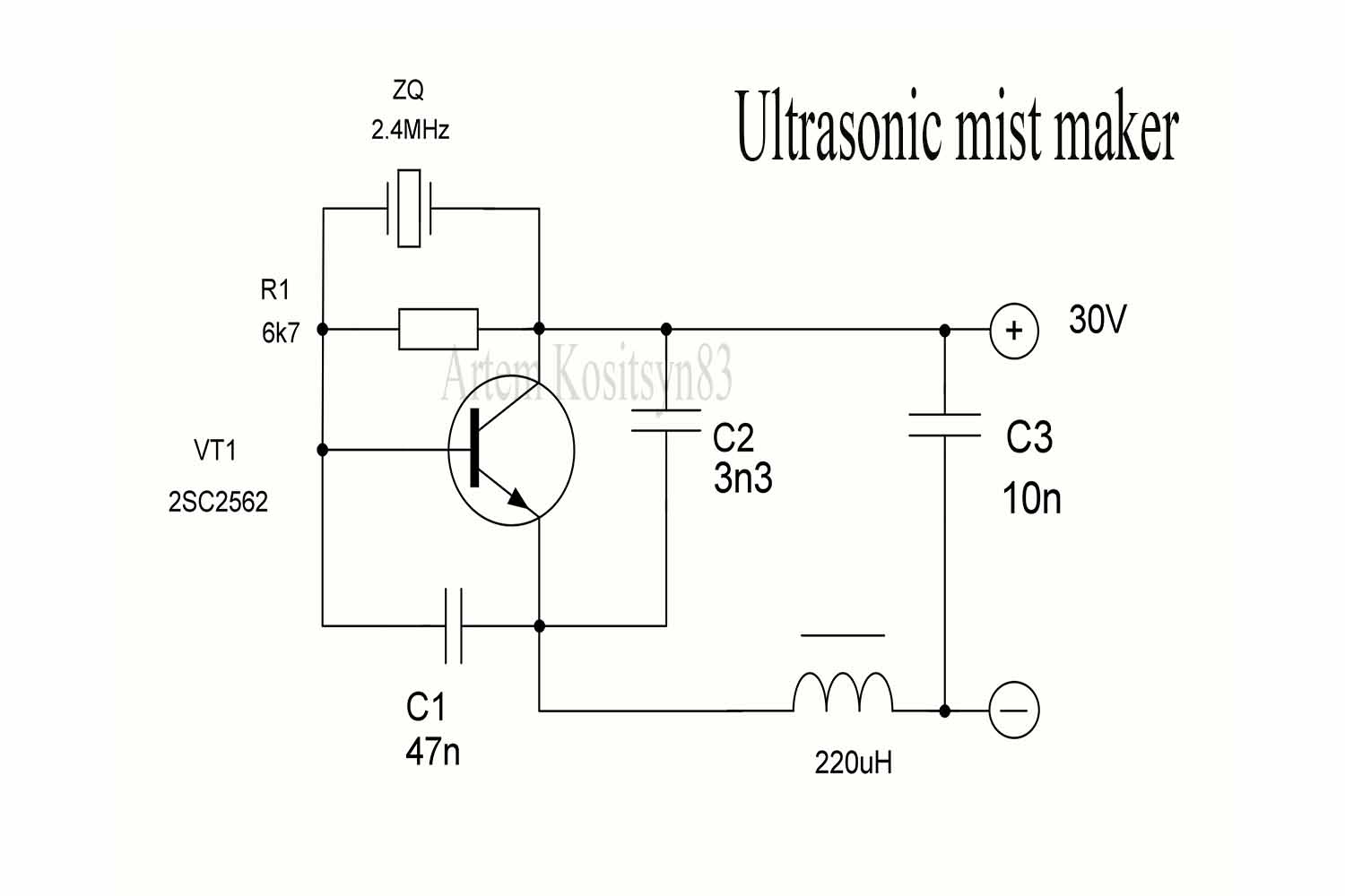 Подробнее о статье DIY 2.4MHz Ultrasonic Fog Generator on transistor 2SC2562